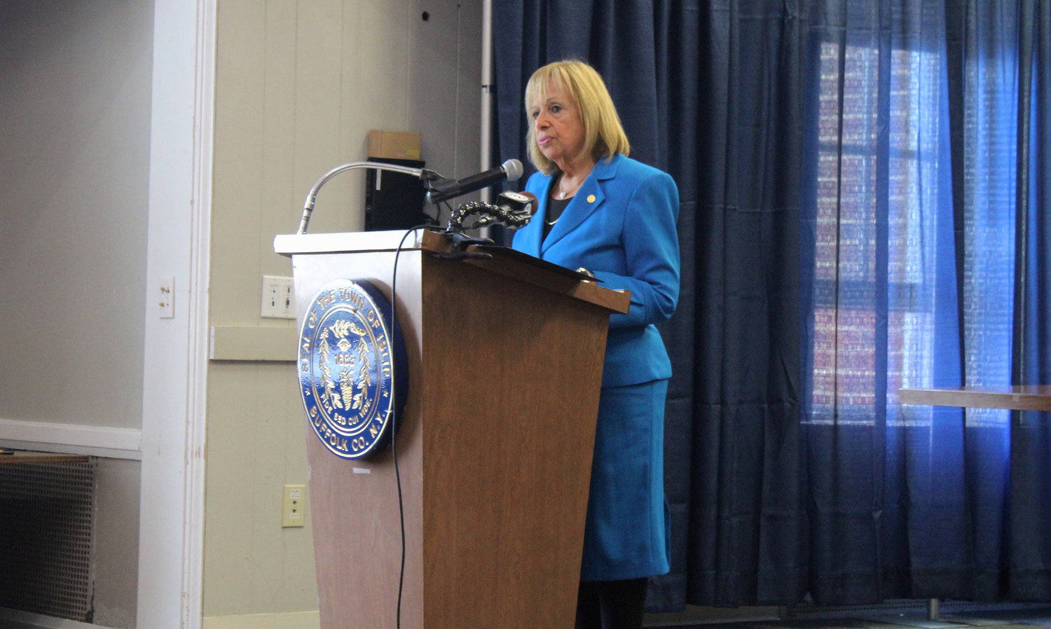Islip Town supervisor Angie Carpenter gives her State of the Town address at Islip Town Hall on April 21.